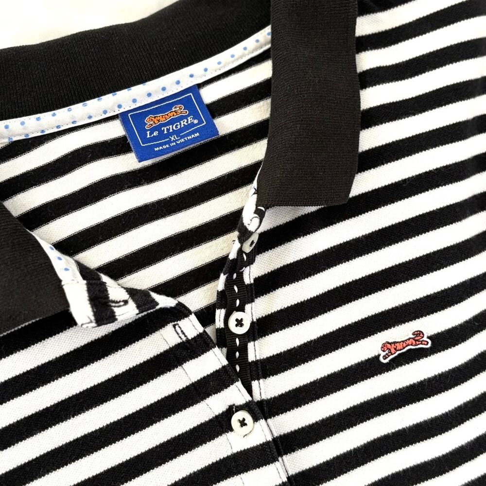 Le Tigre Striped Polo Shirt Women XL Black White Pima Cotton Preppy Golf Y2K